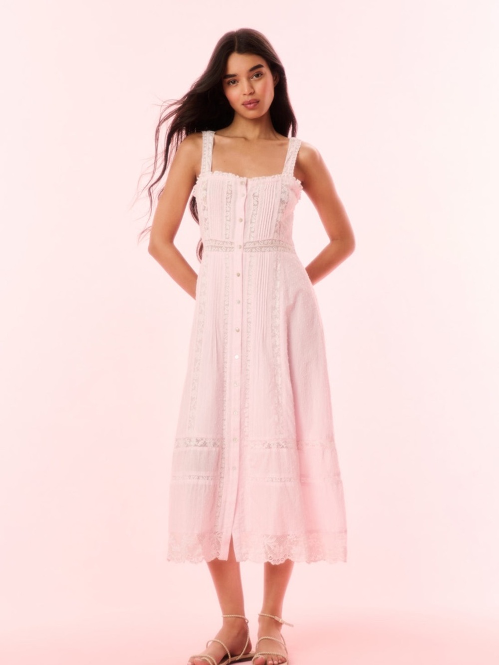 LoveShackFancy Judalon Pale Pink Button-Front Cotton Midi Dress Size 10